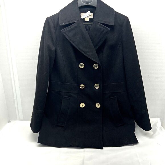 Michael Kors Black Wool Blend Coat Womens 10 Double Breasted Gold Buttons READ - Picture 1 of 8